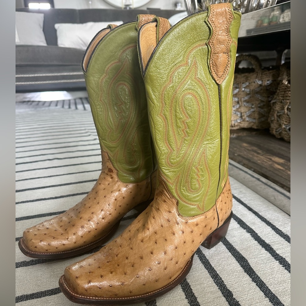 Men's Justin EXOTIC OSTRICH custom Tan and Green Cowboy Boots